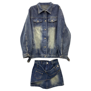 2026春季新款小个子牛仔套装女时髦百搭翻领外套+包臀短裙两件套