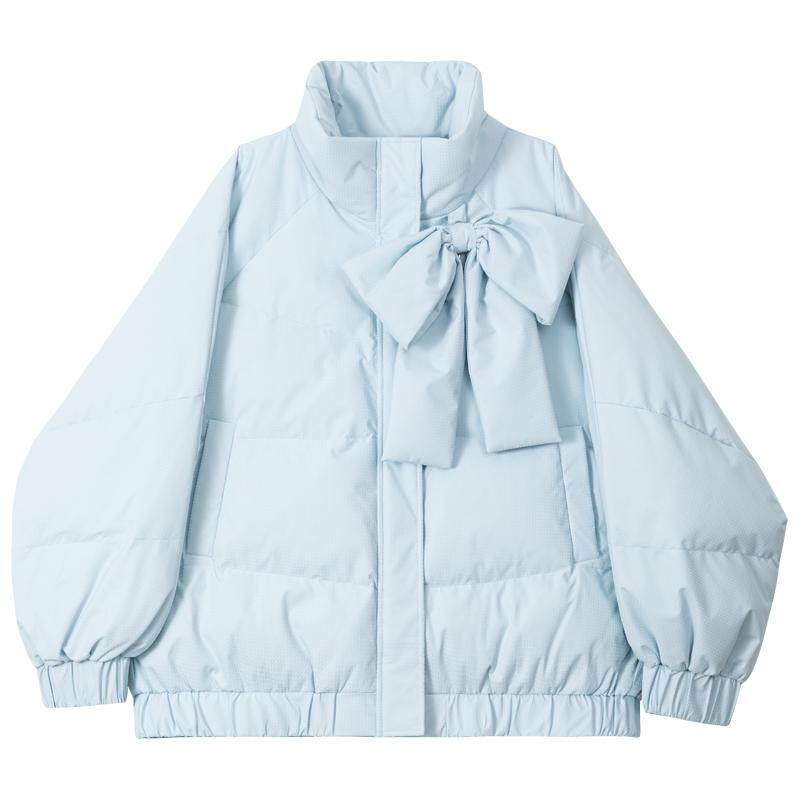 KEIKO 可卸蝴蝶结饰短款羽绒服2025冬季超好看蓝色保暖白鸭绒外套