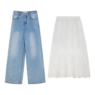 NancyCavally专柜款高品质荃棉/欧根纱 透感蕾丝半裙/直筒牛仔裤