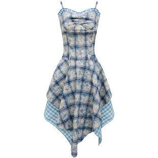 ziziFei春夏季美式设计感蓝色扎染拼接收腰显瘦格纹吊带连衣裙女
