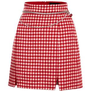 【奥莱】MAXRIENY红白格纹半裙秋冬复古高腰半身裙