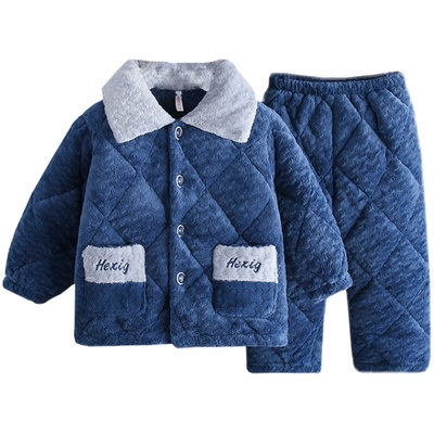 冬季青少年三层夹棉儿童睡衣 柔软牛奶绒加厚加绒男童家居服套装