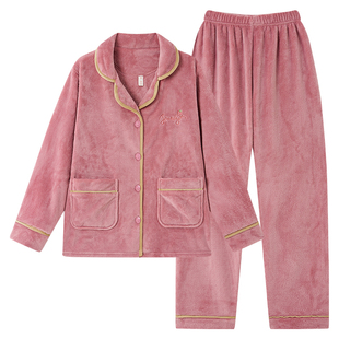 雅鹿法兰绒睡衣女款加绒加厚中老年人妈妈秋冬季珊瑚绒家居服套装
