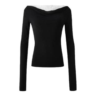 【7折】ourhour 一字露肩 白色黑色拼接蕾丝荡领长袖上衣