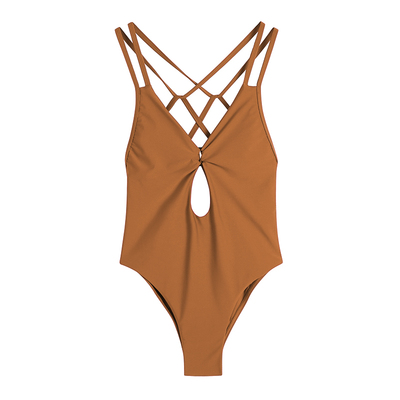 露背女连体显瘦泳衣独特焦糖色