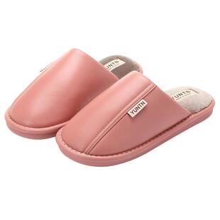 秋冬季棉拖鞋女情侣室内防水保暖家居厚底防滑软底家用皮面拖男冬