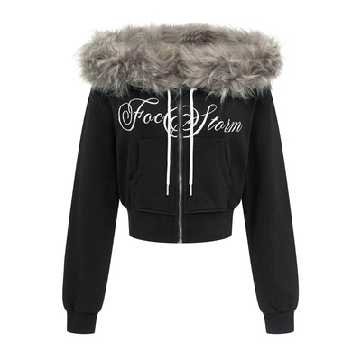 美式复古辣妹毛领拼接可拆卸卫衣