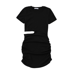 侧漏腰连衣裙女夏收腰紧身小心机显瘦黑色纯棉气质性感褶皱包臀裙