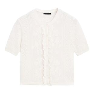 西班牙MD2026春夏新款法式浪漫白色精致蕾丝圆领短袖针织开襟衫女