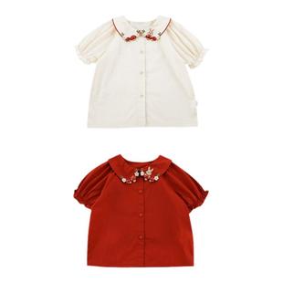 幼悠女童立体刺绣割边翻领衬衫2025春夏季柔软亲肤泡泡袖休闲上衣