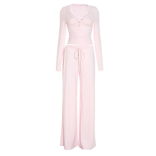 CNYISHE 休闲时尚基础款V领长袖修身T恤阔腿长裤慵懒感家居风套装