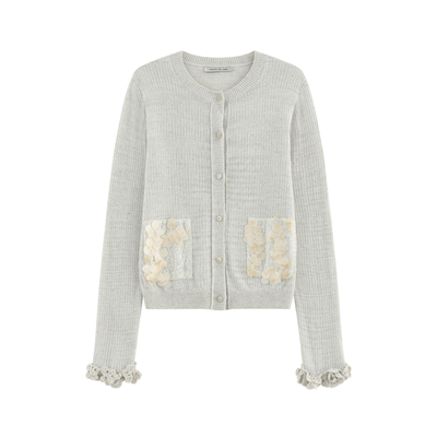 钩花微喇袖亮片毛织开衫