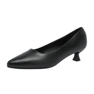 气质软皮鞋细跟真皮单鞋中跟2025黑色正装高跟鞋职业空姐工作鞋女