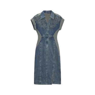 法式复古蕾丝拼接牛仔连衣裙