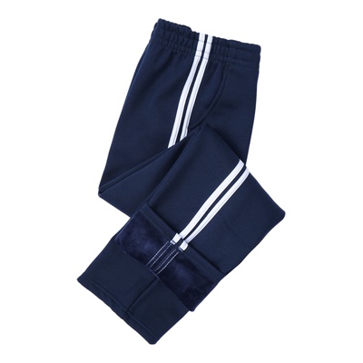儿童冬季加绒校服裤子男童女童直筒藏青色两条杠薄绒小学生运动裤