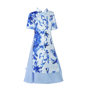 女童旗袍儿童古风唐装汉服国风女大童中长款青花瓷古筝演出服夏季