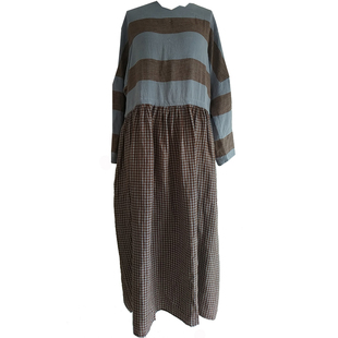 东方豆蔻原创设计色织亚麻棉麻天蓝咖拼接女式连衣裙长裙袍子