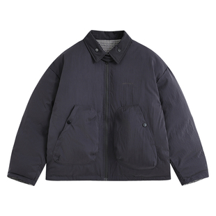 马切达冬季男款拼接双面穿棉服翻领休闲情侣棉衣简约格子日系外套