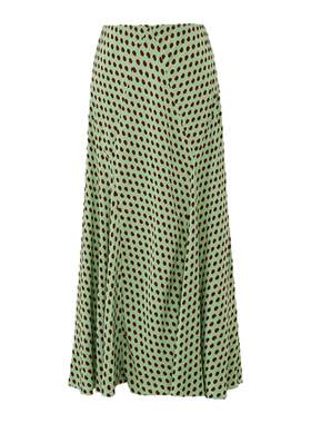 DVF2026春夏新款A字裙复古绿棕色果冻波点图案度假半身裙KM1U003