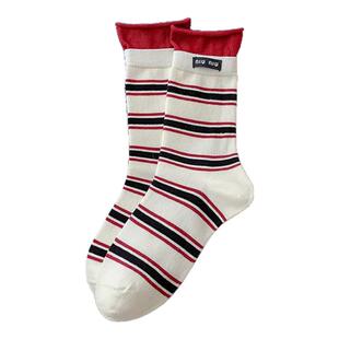 袜子女春夏韩系ins布标双罗口撞色拼接纯棉中筒袜堆堆袜复古条纹