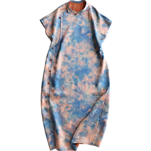 云澍原创 花罗香云纱汉服元素改良立领短袖真丝旗袍连衣裙长款夏