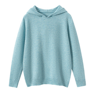 极简风连帽山羊绒衫女宽松慵懒蓝色针织毛衣套头衫
