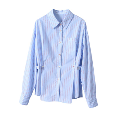 淘么淘 造型出挑 设计感纽扣收腰撞色条纹翻领长袖衬衫2026正流行