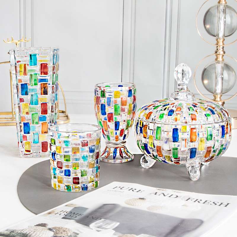 厂家手绘编织纹果盘带果汁花瓶罐玻璃摆件杯家居装饰彩绘糖果盖