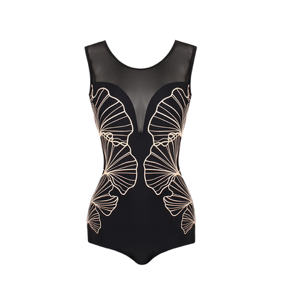 凯迪龙网纱露肩性感温泉游泳装衣连体三角黑色保守显瘦遮肚露背女