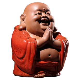 新中式喜庆红弥勒佛摆件客厅玄关书桌博古架佛像装饰茶室桌面摆放