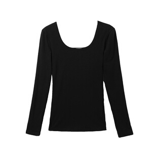 长袖打底衫女春秋新款内搭u领t恤韩版大码紧身显瘦露背低领上衣潮
