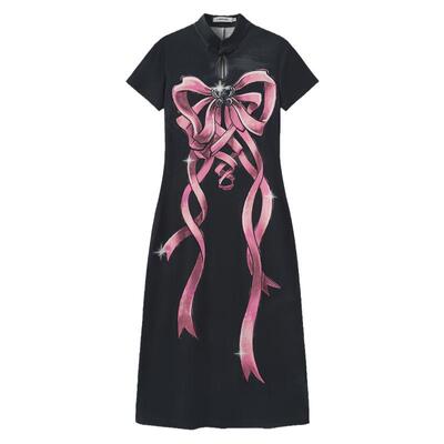 FORDARE/福蝶24秋冬蝴蝶结丝带旗袍领针织连衣裙