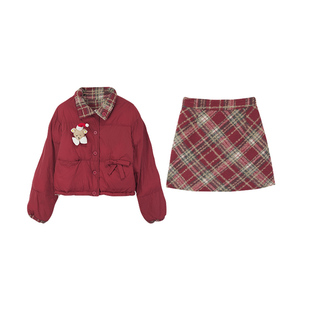 织物猪 樱桃慕斯 复古红色格纹棉服女冬季短款外套新年圣诞面包服