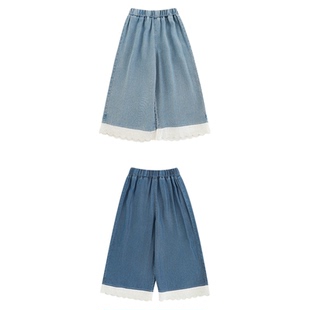 幼悠女童刺绣波浪花边牛仔裤夏季俏丽可爱时尚百搭拼接阔腿裤子潮