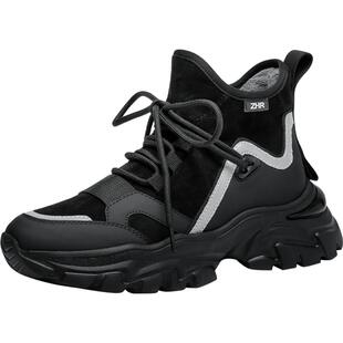 zhr高帮老爹鞋女2025秋冬新款厚底显脚小运动鞋增高加绒黑色女鞋