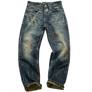 14OZ高克重重磅高品质秋冬厚款牛仔裤男重工做旧水洗棉补丁锥形裤