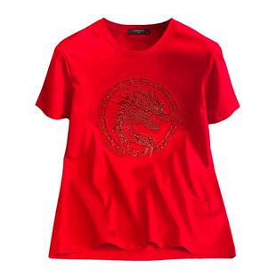 国风刺绣红色T恤男士丝光棉短袖亮片龙头男装潮牌修身半袖本命年t