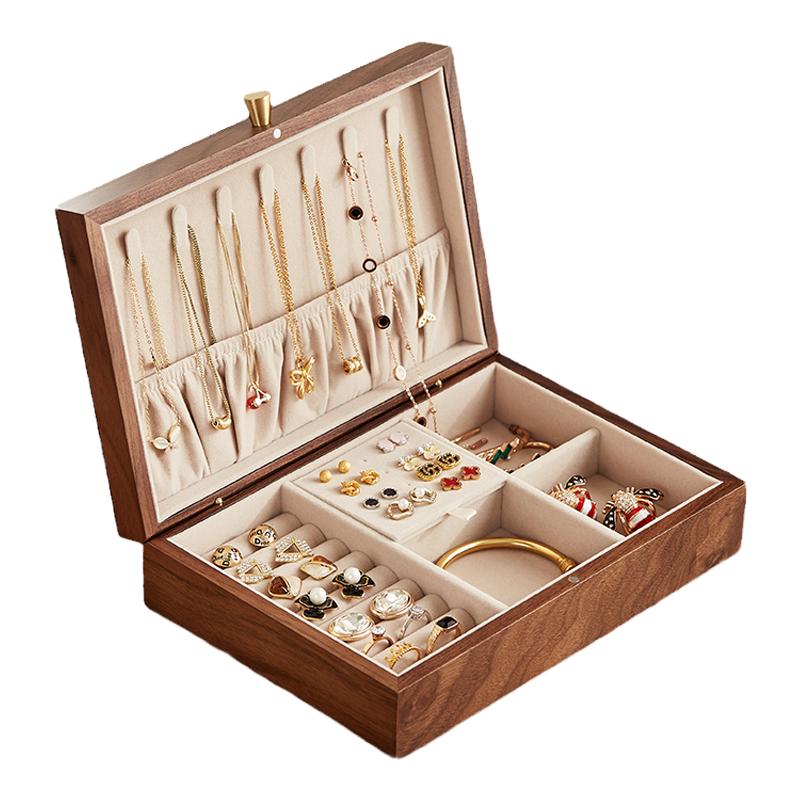 胡桃木首饰盒高档精致实木黄金专用珠宝耳环耳钉项链饰品收纳盒子