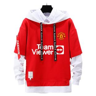 曼联队拉什福德B费红魔足球迷服假两件连帽卫衣男女学生外套帽衫