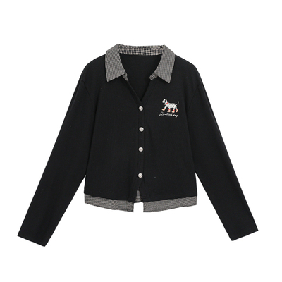 2026早春新款格纹polo领假两件长袖衬衣大码胖mm绝美显瘦针织上衣