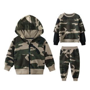 男童迷彩运动套装班服春秋2026新款儿童纯棉外套T恤裤子两三件套