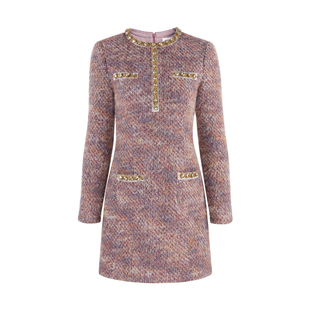 韩语琳 轻奢小香风粗花呢粉紫连衣裙女春名媛精致气质裙