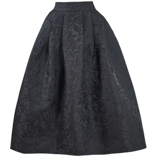 亦克阿瑟全黑提花半身裙线条花朵蓬蓬裙伞裙复古小黑裙百褶中长裙