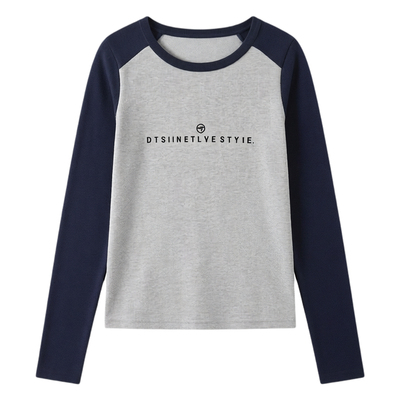 美式复古正肩长袖t恤女撞色内搭