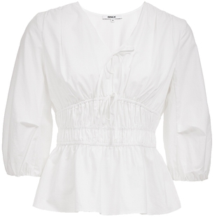 ONLY2026春季新款蝴蝶结装饰纯色收腰抽褶V领七分袖灯笼蕾丝衫女