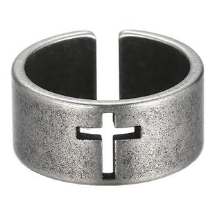 国潮钛钢戒环个性潮人指环黑复古做旧钛钢男款镂空十字架开口戒指