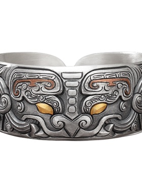 兽面饕餮纹足银999手镯纯手工镶嵌足金 镶嵌铜复古民族风宽面手环