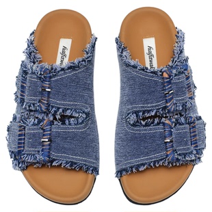 HALFAWAKE2025夏新款勃肯鞋女双带方扣刺绣牛皮绒面革一字凉拖鞋