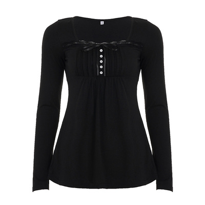 法式复古黑色拼接蕾丝方领长袖T