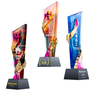 水晶奖杯定制多彩飘带彩绘新款创意环绕装饰星星山峰设计可印照片